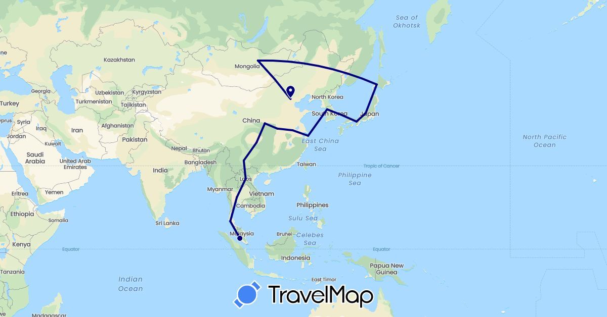TravelMap itinerary: driving in China, Japan, South Korea, Laos, Mongolia, Malaysia, Thailand (Asia)