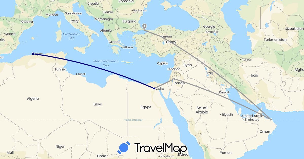 TravelMap itinerary: driving, plane in Algeria, Egypt, Jordan, Oman, Turkey (Africa, Asia)